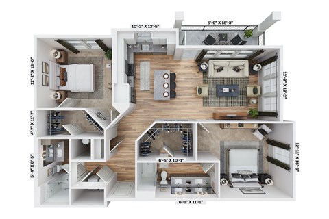a 3d floor plan of a house with a wooden floor
